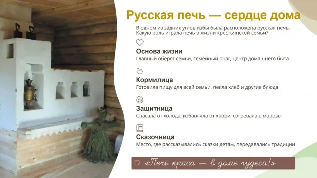 Внутренний мир русской избы. Изображение интерьера традиционного крестьянского дома.