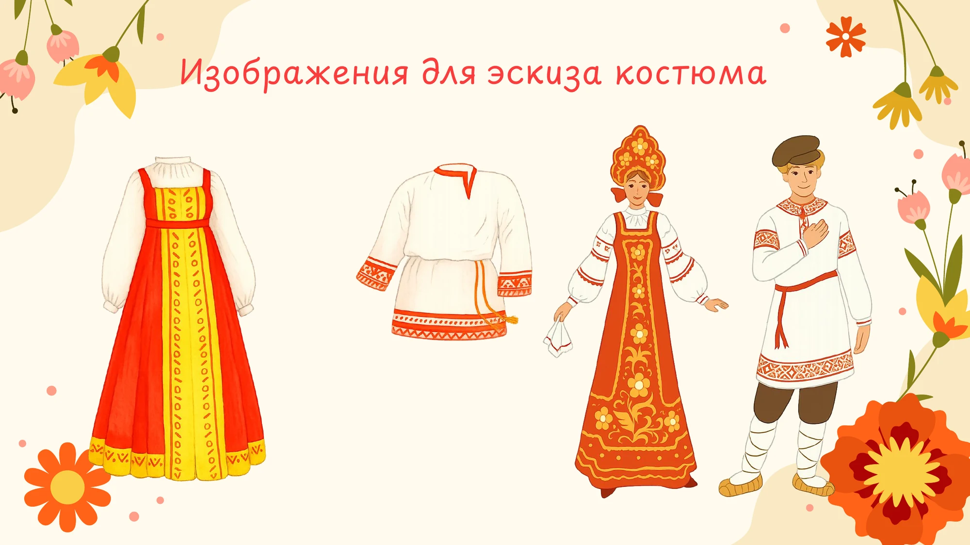 Слайд презентации с цветными изображениями женских и мужского народных костюмов для эскиза