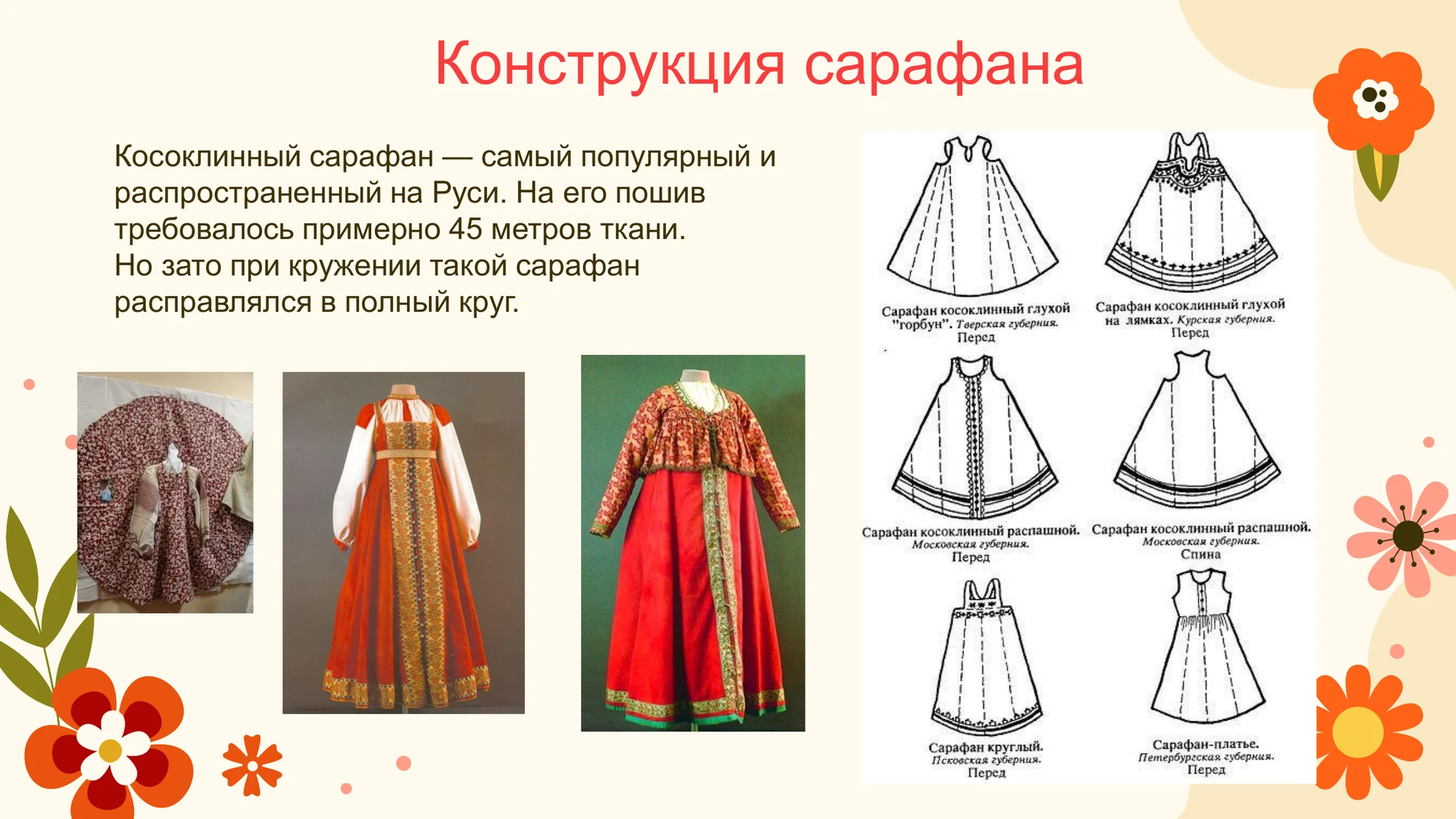 Слайд презентации с примерами и схемами кроя косоклинного сарафана