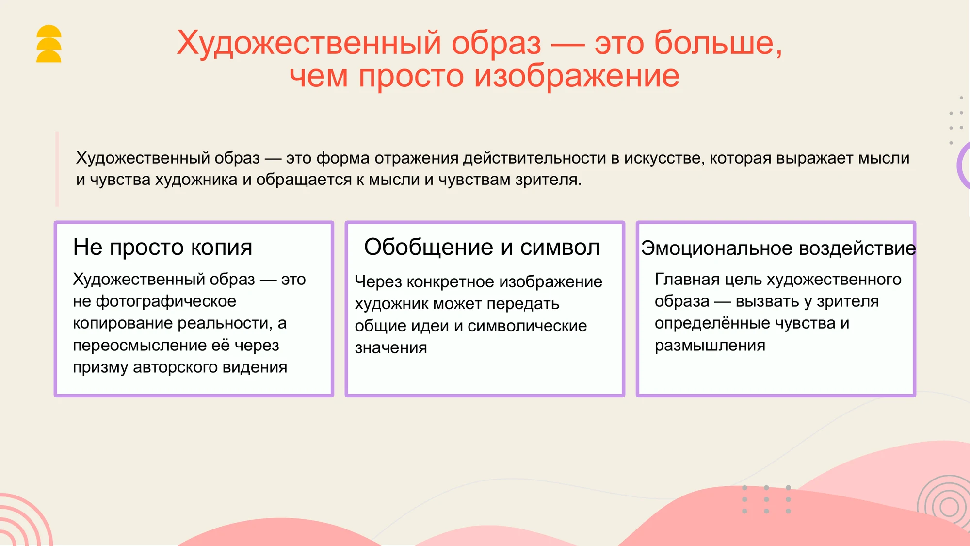 Слайд презентации с определением художественного образа и его тремя особенностями