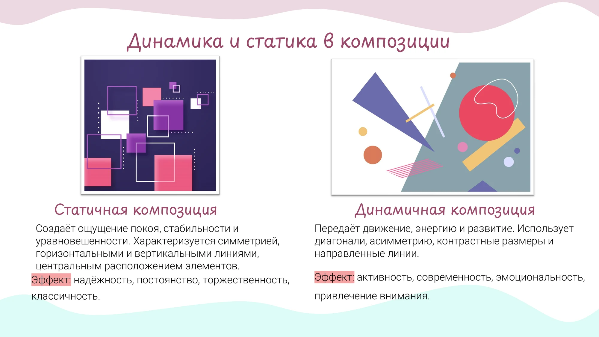 Слайд презентации: сравнение статичной и динамичной плоскостных композиций