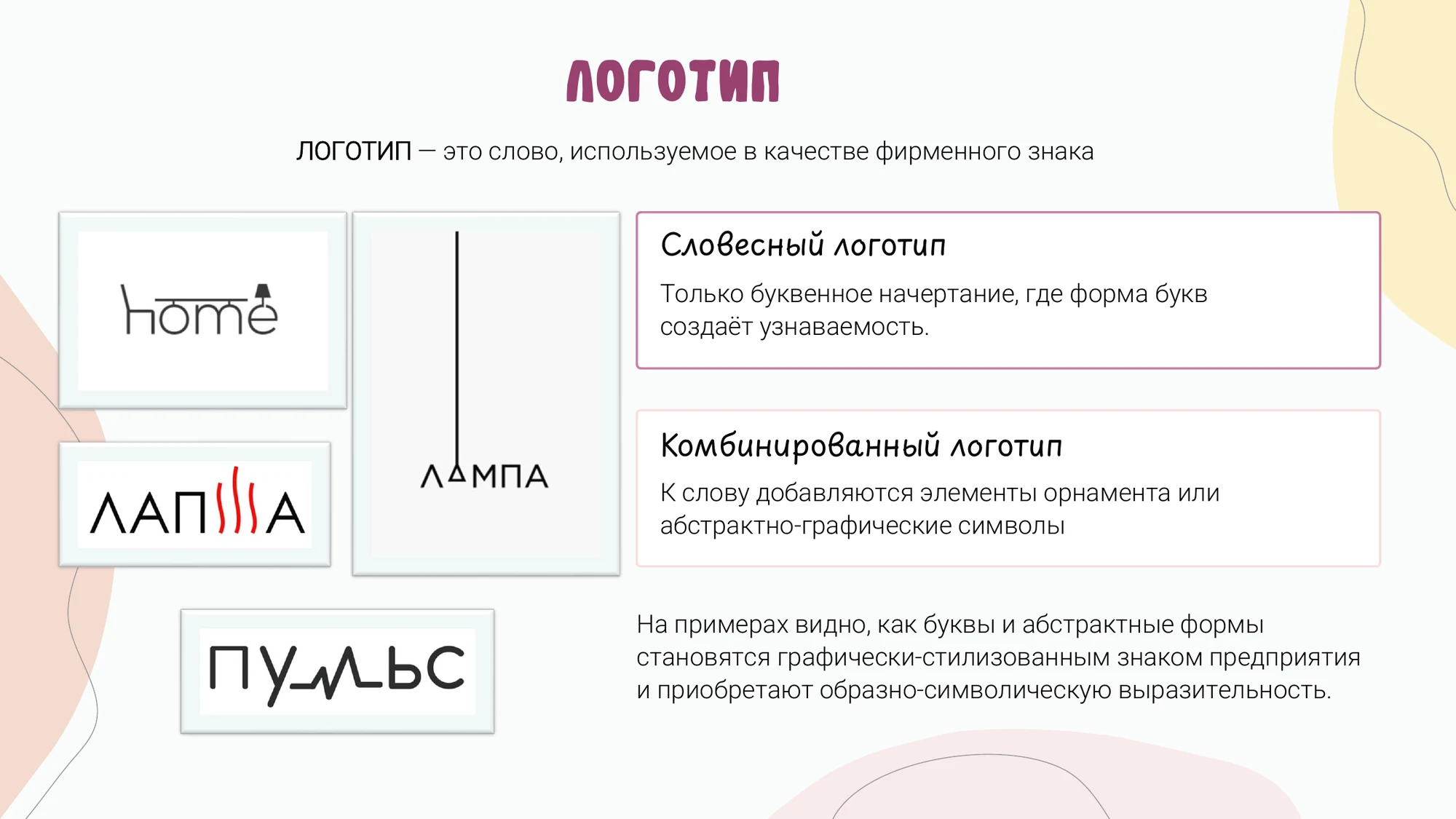 Слайд презентации с примерами словесных и комбинированных логотипов