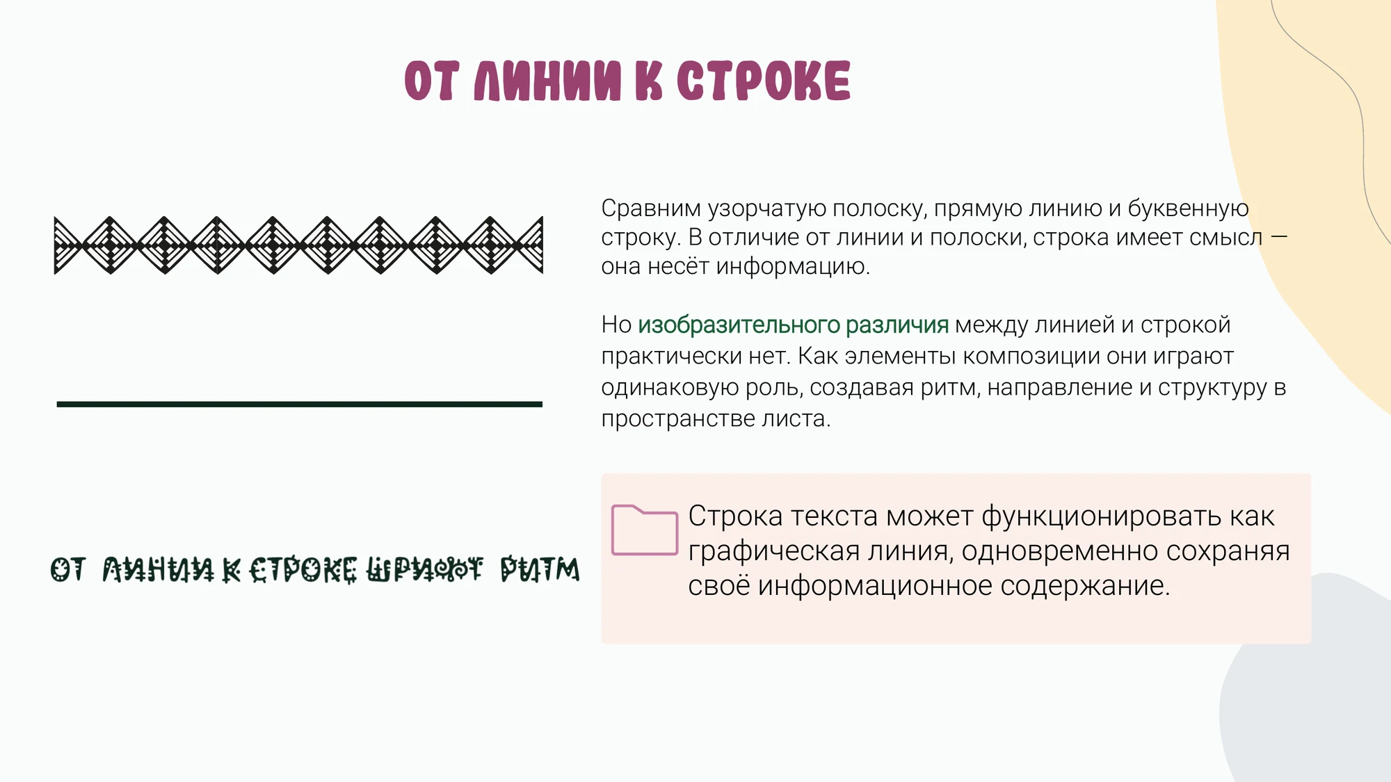 Слайд презентации со сравнением узорчатой полосы, прямой линии и строки текста