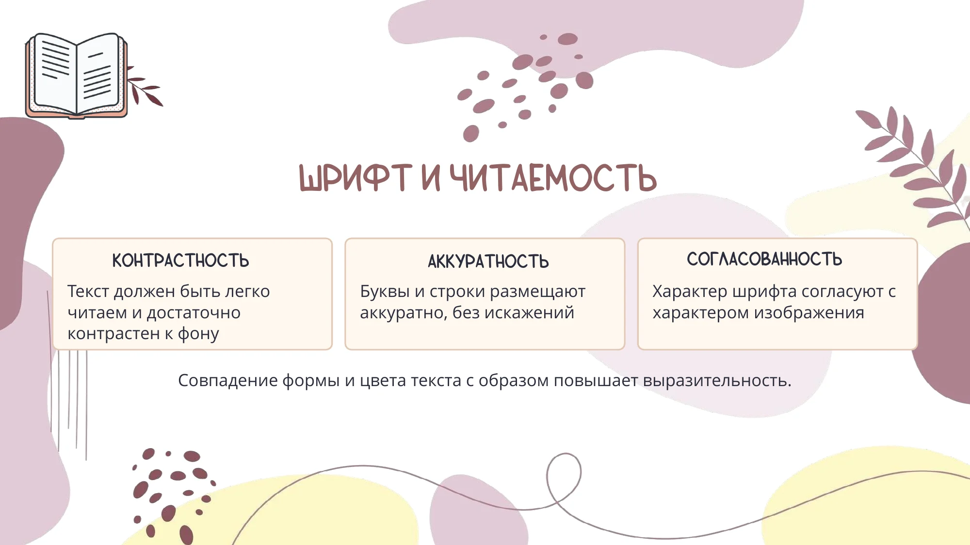 Слайд о контрастности, аккуратности и согласованности шрифта с изображением